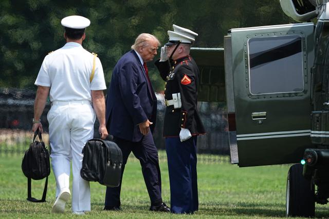 US President Donald Trump walks to board Marine One as he departs from the Ellipse near the White House in Washington, DC, on July 15, 2026. President Trump is travelling to Carlisle, Pennsylania to attend the Pennsylvania Defense and Innovation Summit (Photo by Haiyun Jiang / POOL / AFP)