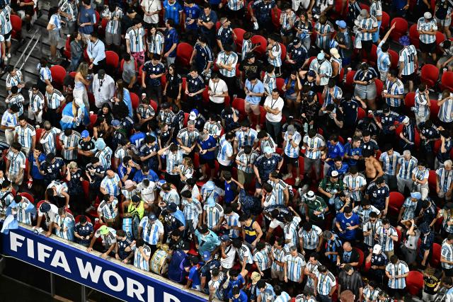 Argentina fans are seen in the stands ahead of the 2026 World Cup football tournament semi-final match between England and Argentina at the Atlanta Stadium in Atlanta on July 15, 2026.  (Photo by Jewel SAMAD / AFP)
