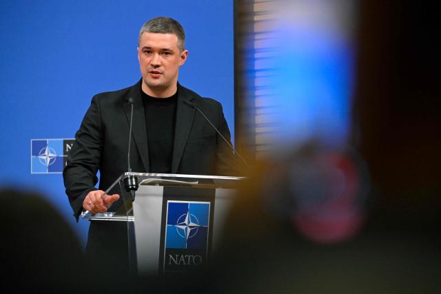 (FILES) Ukraine's Defence Minister Mykhailo Fedorov speaks during a press conference after a meeting of the Ukraine Defence Contact Group during a NATO Defence Ministers meeting at the NATO headquarters, in Brussels, on June 18, 2026. Ukrainian Defence Minister Mykhailo Fedorov said on July 15, 2026 he was resigning as part of President Volodymyr Zelensky's cabinet reshuffle. (Photo by JOHN THYS / AFP)