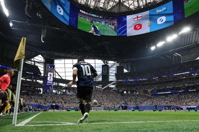 Argentina's forward #10 Lionel Messi takes a corner kick during the 2026 World Cup football tournament semi-final match between England and Argentina at the Atlanta Stadium in Atlanta on July 15, 2026.  (Photo by Thomas COEX / AFP)