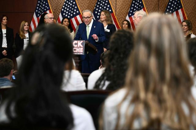 US Senate Minority Leader Chuck Schumer, Democrat from New York, speaks alongside women who were victims of Jeffrey Epstein, after acting US Attorney General Todd Blanche testified during a Senate Judiciary Committee hearing on his nomination to be Attorney General, on Capitol Hill in Washington, DC, on July 15, 2026. (Photo by Brendan SMIALOWSKI / AFP)