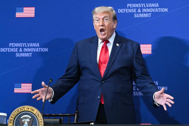 US President Donald Trump gestures as he arrives to speak at the Pennsylvania Defense and Innovation Summit at the US Army War College in Carlisle, Pennsylvania, on July 15, 2026. (Photo by SAUL LOEB / AFP)