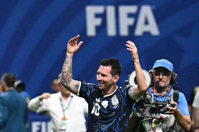 Argentina's forward #10 Lionel Messi celebrates after winning the 2026 World Cup football tournament semi-final match between England and Argentina at the Atlanta Stadium in Atlanta on July 15, 2026.  (Photo by Paul ELLIS / AFP)