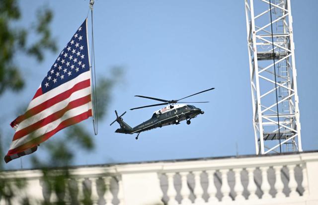 Marine One carrying US President Donald Trump approaches the Ellipse for landing as he returns to the White House in Washington, DC, on July 15, 2026. President Trump is returning from Carlisle, Pennsylania where he attended the Pennsylvania Defense and Innovation Summit (Photo by Kent NISHIMURA / AFP)