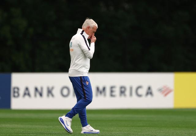 France's head coach Didier Deschamps walks on the pitch during a training session at Bentley University in Waltham, near Boston on July 15, 2026. (Photo by FRANCK FIFE / AFP)