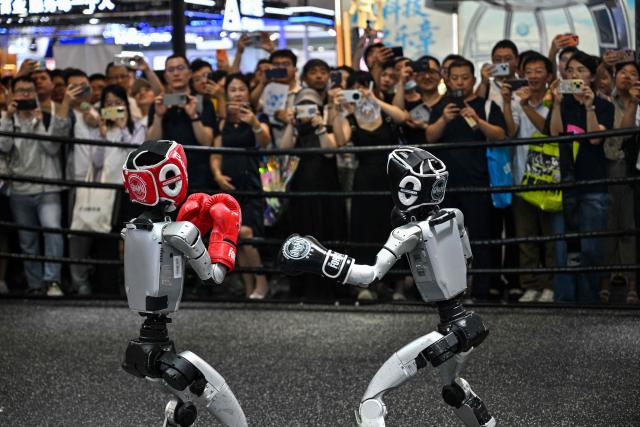 Humanoid robots controlled by a remote control by Unitree Robotics take part in a fight during the World Artificial Intelligence Conference (WAIC) in Shanghai on July 18, 2026. (Photo by Hector RETAMAL / AFP)