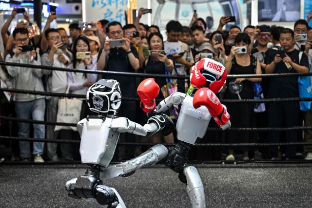 Humanoid robots controlled by a remote control by Unitree Robotics take part in a fight during the World Artificial Intelligence Conference (WAIC) in Shanghai on July 18, 2026. (Photo by Hector RETAMAL / AFP)