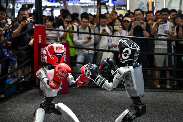 Humanoid robots controlled by a remote control by Unitree Robotics take part in a fight during the World Artificial Intelligence Conference (WAIC) in Shanghai on July 18, 2026. (Photo by Hector RETAMAL / AFP)