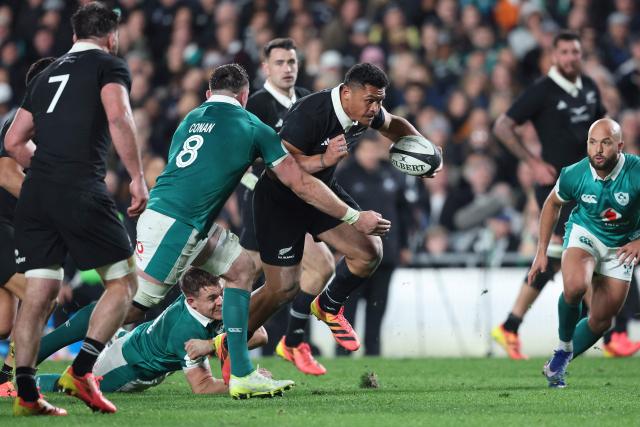 Caleb Clarke of New Zealand is tackled during the rugby Nations Championship match between New Zealand and Ireland at Eden Park in Auckland on July 18, 2026. (Photo by Michael Bradley / AFP)
