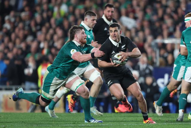 Josh Moorby of New Zealand makes a run during the rugby Nations Championship match between New Zealand and Ireland at Eden Park in Auckland on July 18, 2026. (Photo by Michael Bradley / AFP)