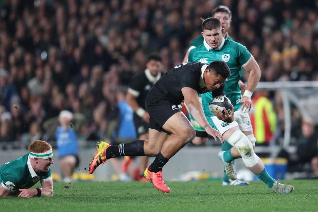 Caleb Clarke of New Zealand is tackled during the rugby Nations Championship match between New Zealand and Ireland at Eden Park in Auckland on July 18, 2026. (Photo by Michael Bradley / AFP)