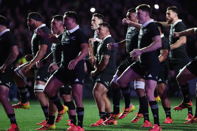Codie Taylor of New Zealand leads the haka during the rugby Nations Championship match between New Zealand and Ireland at Eden Park in Auckland on July 18, 2026. (Photo by Michael Bradley / AFP)