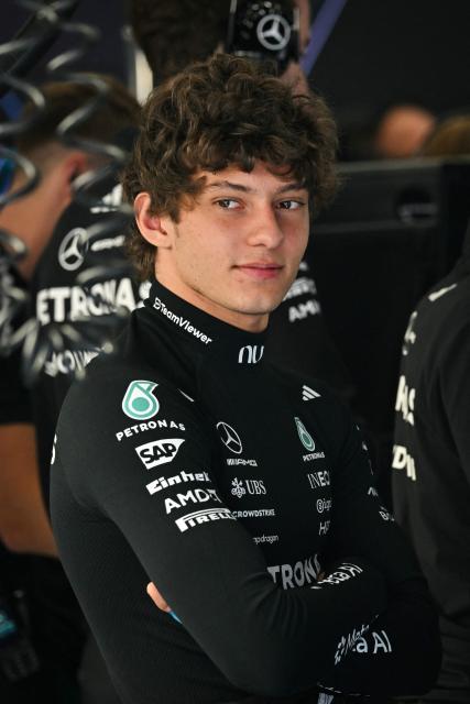 Mercedes' Italian driver Kimi Antonelli reacts in the garage before taking part in the third practice session at the Spa-Francorchamps circuit, in Spa, ahead of the Formula One Belgian Grand Prix, on July 18, 2026. (Photo by Andrej ISAKOVIC / AFP)