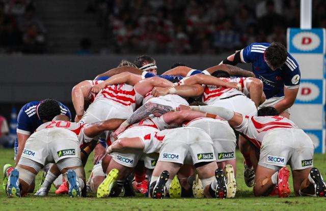 France's Alexandre Roumat (back-C) looks up from the scrum during the Rugby Nations Championship Southern Hemisphere Series against Japan at the National Stadium in Tokyo on July 18, 2026. (Photo by ANDREW CABALLERO-REYNOLDS / AFP)