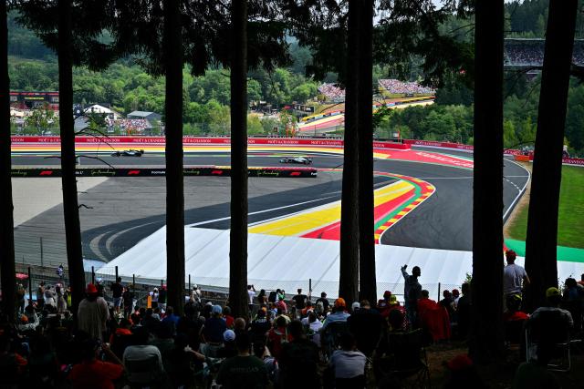 Members of the public watch Mercedes' Italian driver Kimi Antonelli (L) and Cadillac's Mexican driver Sergio Perez (R) during the third practice session at the Spa-Francorchamps circuit, in Spa, ahead of the Formula One Belgian Grand Prix, on July 18, 2026. (Photo by Andrej ISAKOVIC / AFP)