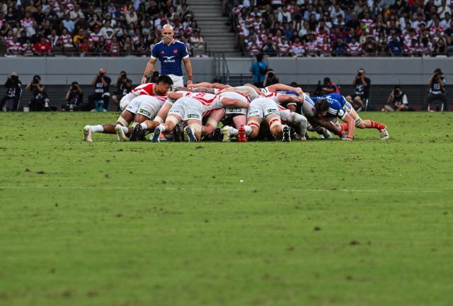 France’s Maxime Lucu watches the scrum during the Rugby Nations Championship Southern Hemisphere Series against Japan at the National Stadium in Tokyo on July 18, 2026. (Photo by ANDREW CABALLERO-REYNOLDS / AFP)