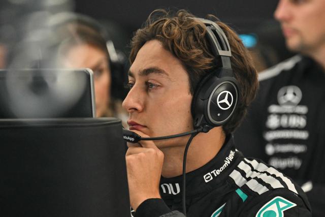 Mercedes' British driver George Russell reacts in the garage during the third practice session at the Spa-Francorchamps circuit, in Spa, ahead of the Formula One Belgian Grand Prix, on July 18, 2026. (Photo by Andrej ISAKOVIC / AFP)