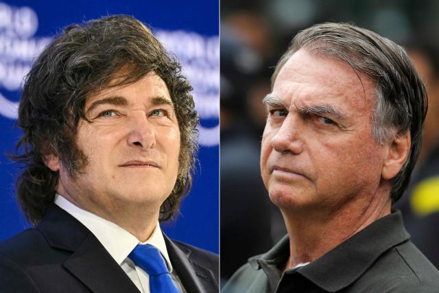 (COMBO) This combination of pictures created on July 18, 2026 shows Argentina’s President Javier Milei looking on during the World Economic Forum (WEF) annual meeting in Davos on January 21, 2026, and former Brazilian President (2019-2022) Jair Bolsonaro leaving the DF Star hospital in Brasilia on September 14, 2025, after undergoing a series of medical examinations, as he remains under house arrest. Brazil’s Supreme Court refused on July 18, 2026 to authorise a visit by the Argentine president, Javier Milei, to former president Jair Bolsonaro at the residence where he is serving house arrest for attempting a coup, according to a ruling obtained by AFP. (Photo by Fabrice COFFRINI and Sergio Lima / AFP)