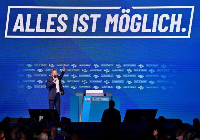 Ulrich Siegmund, AfD top candidate for Saxony-Anhalt, addresses supporters during an election campaign event ahead of the state elections in Saxony-Anhalt, in Magdeburg, eastern Germany on July 18, 2026. Slogan reads "Everything is possible". The crucial state election in the German eastern federal state of Saxony-Anhalt is scheduled to take place on September 6, 2026. (Photo by John MACDOUGALL / AFP)