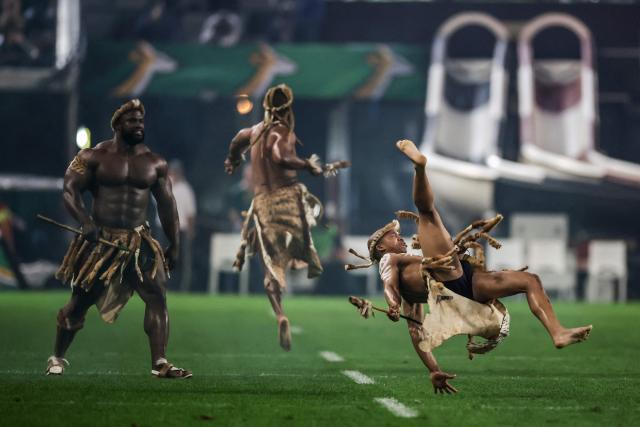 Members of the Springbok Impi Warriors perform ahead of the rugby Nations Championship match between South Africa and Wales at Kings Park Stadium in Durban on July 18, 2026. (Photo by PHILL MAGAKOE / AFP)