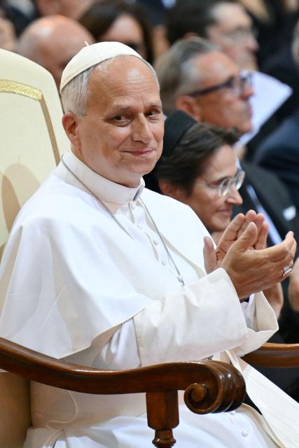 Pope Leo XIV attends a concert in the Apostolic Palace at the summer papal residence in Castel Gandolfo on July 18, 2026. (Photo by Alberto PIZZOLI / AFP)