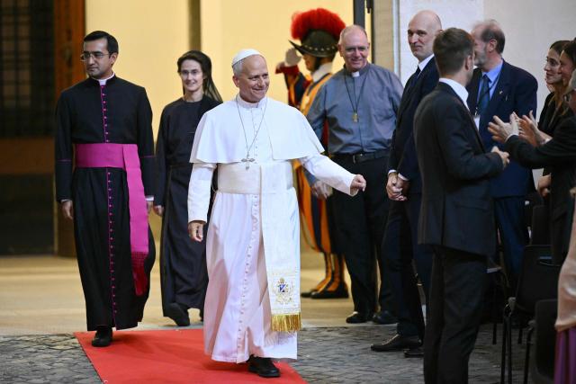 Pope Leo XIV arrives to attend a concert in the Apostolic Palace at the summer papal residence in Castel Gandolfo on July 18, 2026. (Photo by Alberto PIZZOLI / AFP)
