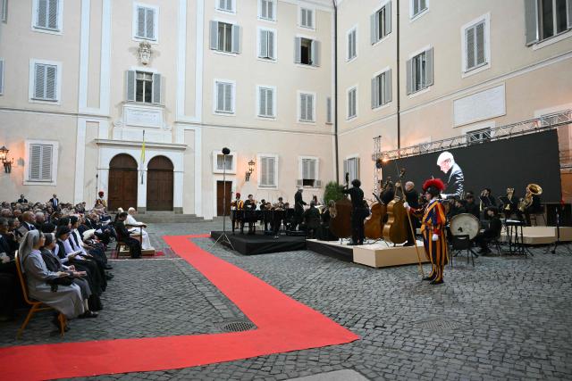 Pope Leo XIV attends a concert in the Apostolic Palace at the summer papal residence in Castel Gandolfo on July 18, 2026. (Photo by Alberto PIZZOLI / AFP)