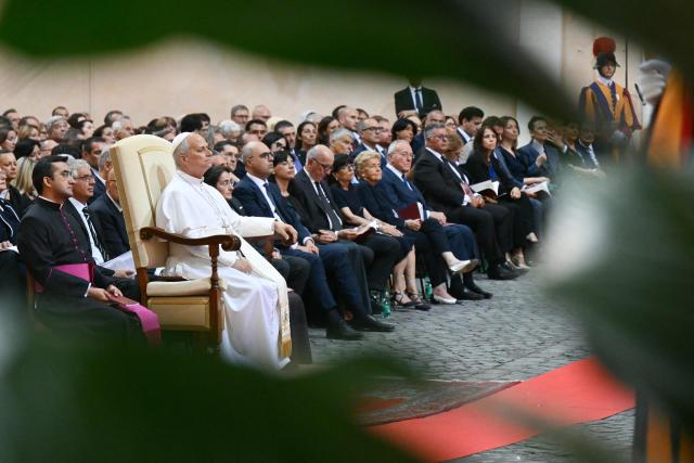 Pope Leo XIV attends a concert in the Apostolic Palace at the summer papal residence in Castel Gandolfo on July 18, 2026. (Photo by Alberto PIZZOLI / AFP)