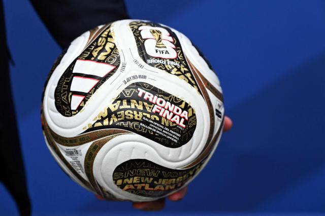 A Trionda Final ball is pictured ahead of the 2026 World Cup football tournament third-place match between France and England at the Miami Stadium in Miami on July 18, 2026.  (Photo by ROBERTO SCHMIDT / AFP)