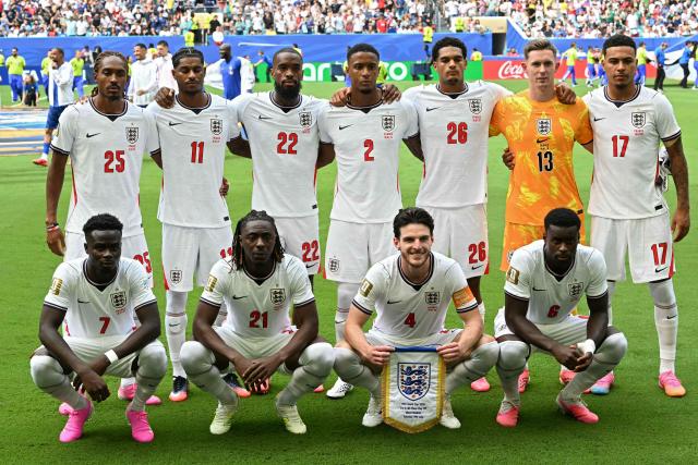 England's players pose for a team photo ahead of the 2026 World Cup football tournament third-place match between France and England at the Miami Stadium in Miami on July 18, 2026.  (Photo by ROBERTO SCHMIDT / AFP)