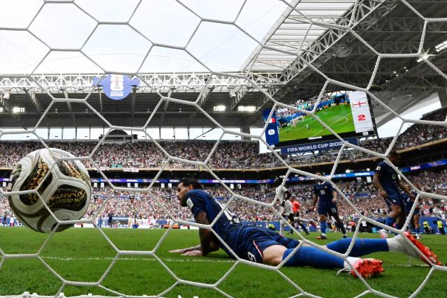 England's forward #07 Bukayo Saka celebrates scoring his team's third goal goal during the 2026 World Cup football tournament third-place match between France and England at the Miami Stadium in Miami on July 18, 2026.  (Photo by CHANDAN KHANNA / AFP)