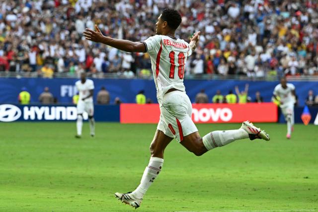 England's midfielder #10 Jude Bellingham celebrates scoring his team's sixth goal during the 2026 World Cup football tournament third-place match between France and England at the Miami Stadium in Miami on July 18, 2026.  (Photo by ROBERTO SCHMIDT / AFP)