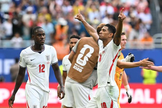 England's midfielder #10 Jude Bellingham celebrates after winning the 2026 World Cup football tournament third-place match between France and England at the Miami Stadium in Miami on July 18, 2026.  (Photo by ROBERTO SCHMIDT / AFP)
