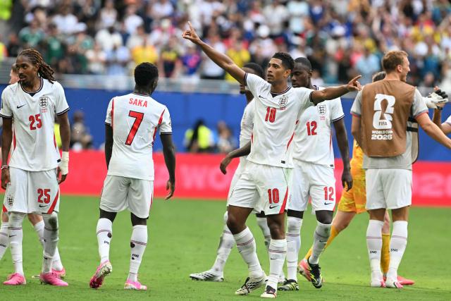 England's midfielder #10 Jude Bellingham celebrates after winning the 2026 World Cup football tournament third-place match between France and England at the Miami Stadium in Miami on July 18, 2026.  (Photo by ROBERTO SCHMIDT / AFP)