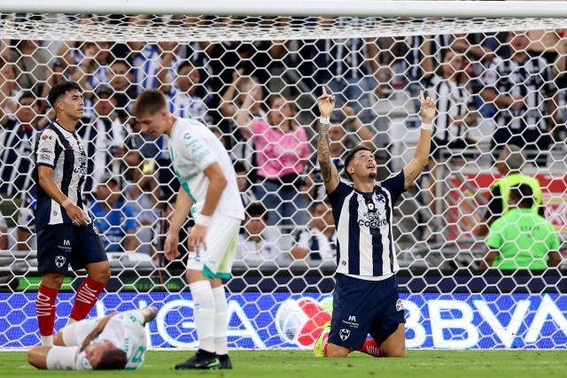 Monterrey's Argentine midfielder #07 Lucas Ocampos (R) celebrates after scoring during the Liga MX Apertura football match between Monterrey and Santos Laguna at BBVA stadium in Guadalupe, Nuevo Leon state, Mexico on July 18, 2026. (Photo by Julio Cesar AGUILAR / AFP)