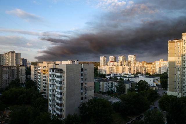 Smoke hangs in the air following Russian missile strikes on the Ukrainian capital of Kyiv on July 19, 2026, amid the Russian invasion in Ukraine. Russian strikes wounded several in Ukraine's capital after Kyiv launched a deadly wave of drones that struck e-commerce warehouses in Russia. (Photo by Serhii Okunev / AFP)