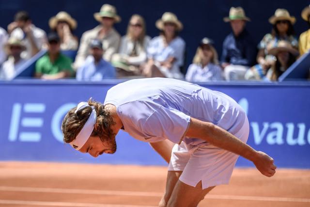 Greece's Stefanos Tsitsipas reacts during his men's singles final match against Belgium's Raphael Collignon at the Swiss Open tennis tournament in Gstaad, on July 19, 2026. (Photo by Fabrice COFFRINI / AFP)