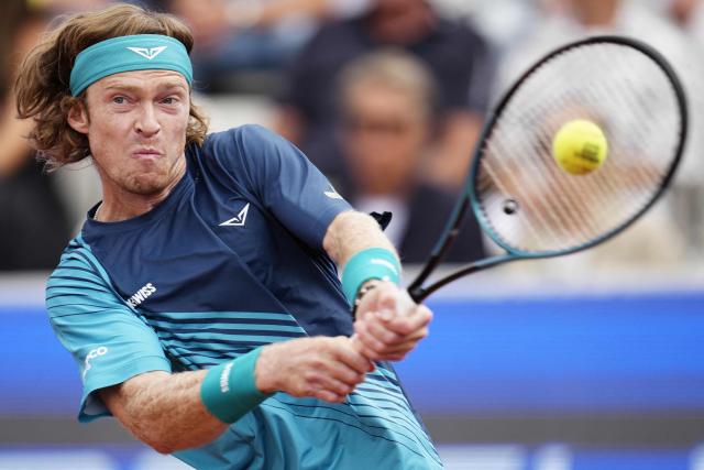 Russia's Andrey Rublev returns the ball during the men's singles final tennis match against Italy's Luciano Darderi at the ATP 250 Nordea Open tennis tournament in Bastad, Sweden on July 19, 2026. (Photo by Bjorn LARSSON ROSVALL / TT News Agency / AFP) / Sweden OUT