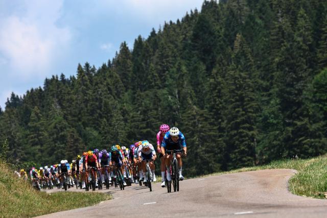 cycles with the pack of riders (peloton) cycles during the 15th stage of the 113th edition of the Tour de France cycling race, 183,9 km between Champagnole and Plateau de Solaison in the Jura mountains, on July 19, 2026. (Photo by Anne-Christine POUJOULAT / AFP)