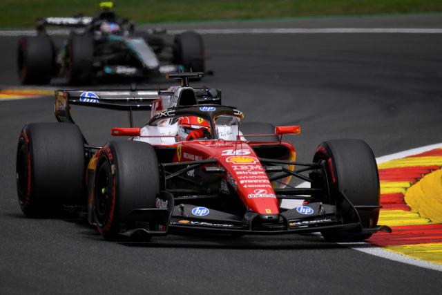 Ferrari's Monegasque driver Charles Leclerc (front) followed by Mercedes' Italian driver Kimi Antonelli (rear) drive during a warm-up tour ahead of the Formula One Belgian Grand Prix at the Spa-Francorchamps circuit, in Spa, on July 19, 2026. (Photo by JOHN THYS / AFP)