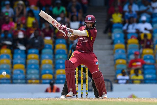 Amir Jangoo of West Indies hits a shot during the 4th One-Day International (ODI) cricket match between West Indies and New Zealand at Kensington Oval in Bridgetown, Barbados on July 19, 2026. (Photo by Randy Brooks / AFP)