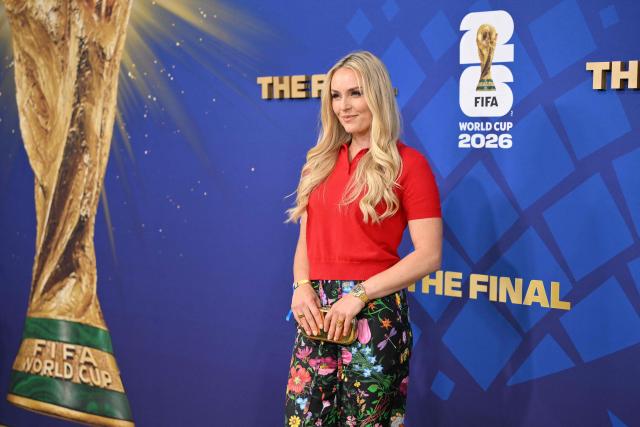 US' alpine skier Lindsey Vonn poses ahead of the 2026 World Cup football tournament final match between Spain and Argentina at the New York/New Jersey Stadium in East Rutherford on July 19, 2026.  (Photo by ANGELA WEISS / AFP)