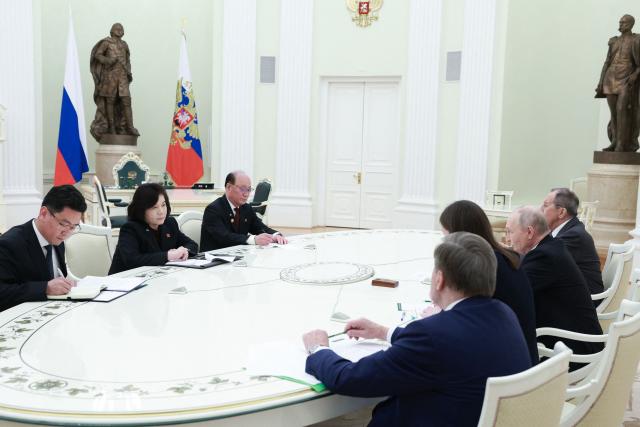 In this pool photograph distributed by the Russian state agency Sputnik, Russia's President Vladimir Putin (2nd R) and North Korea's Foreign Minister Choe Son-hui (2nd L) attend a bilateral meeting in Moscow on July 19, 2026. (Photo by Alexander SHCHERBAK / POOL / AFP)