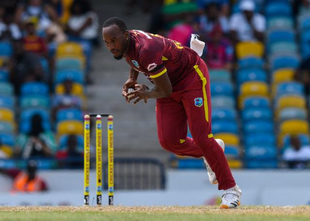 Matthew Forde of West Indies takes the catch to dismiss Nick Kelly of New Zealand during the 4th One-Day International (ODI) cricket match between West Indies and New Zealand at Kensington Oval in Bridgetown, Barbados on July 19, 2026. (Photo by Randy Brooks / AFP)
