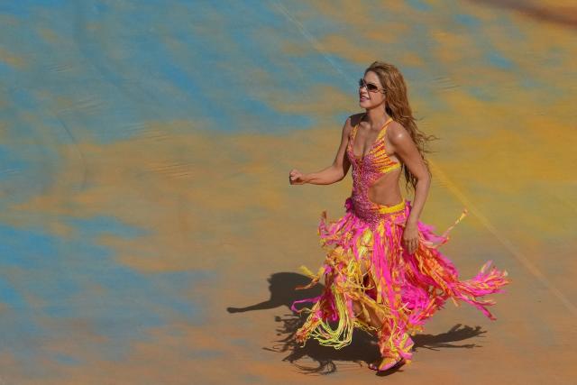 Colombian singer Shakira performs during the halftime show of the 2026 World Cup football tournament final match between Spain and Argentina at the New York/New Jersey Stadium in East Rutherford on July 19, 2026.  (Photo by TIMOTHY A. CLARY / AFP)