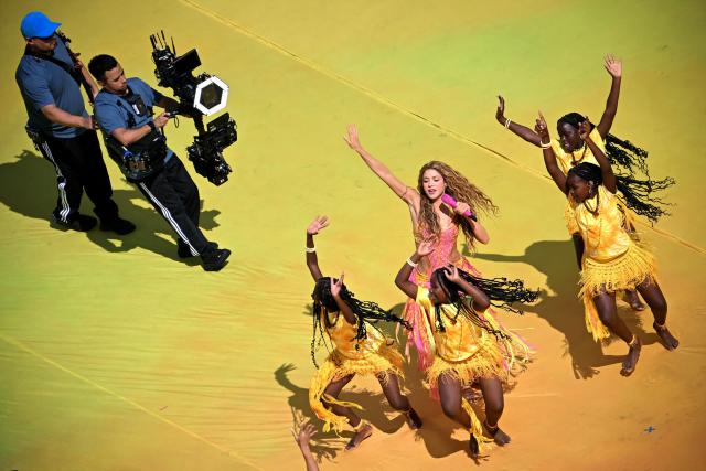 Colombian singer, songwriter and producer Shakira (C) performs at the Half Time Show during the 2026 World Cup football tournament final match between Spain and Argentina at the New York/New Jersey Stadium in East Rutherford on July 19, 2026.  (Photo by MAURO PIMENTEL / AFP)