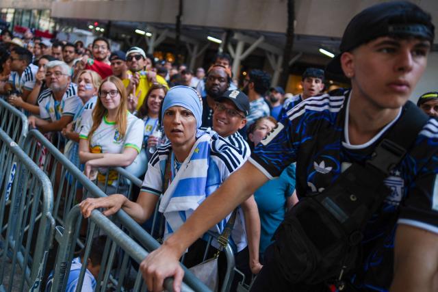 Fans attend a watch party for the 2026 World Cup Final between Spain and Argentina, at Rockefeller Center in New York on July 19, 2026. (Photo by Ryan MURPHY / AFP)