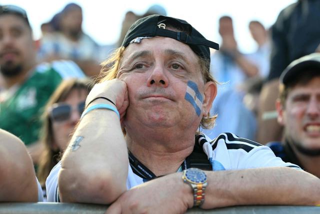 An Argentina fan reacts during the 2026 World Cup football tournament final match between Spain and Argentina at the New York/New Jersey Stadium in East Rutherford on July 19, 2026.  (Photo by ROBERTO SCHMIDT / AFP)