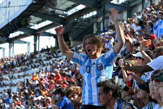 An Argentina fan reacts during the 2026 World Cup football tournament final match between Spain and Argentina at the New York/New Jersey Stadium in East Rutherford on July 19, 2026.  (Photo by ROBERTO SCHMIDT / AFP)
