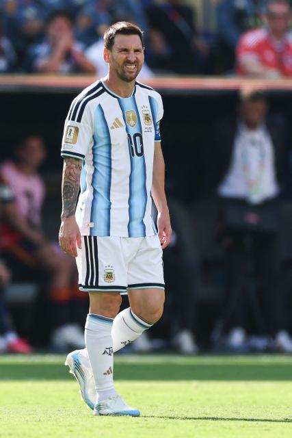 Argentina's forward #10 Lionel Messi reacts during the 2026 World Cup football tournament final match between Spain and Argentina at the New York/New Jersey Stadium in East Rutherford on July 19, 2026.  (Photo by PATRICIA DE MELO MOREIRA / AFP)